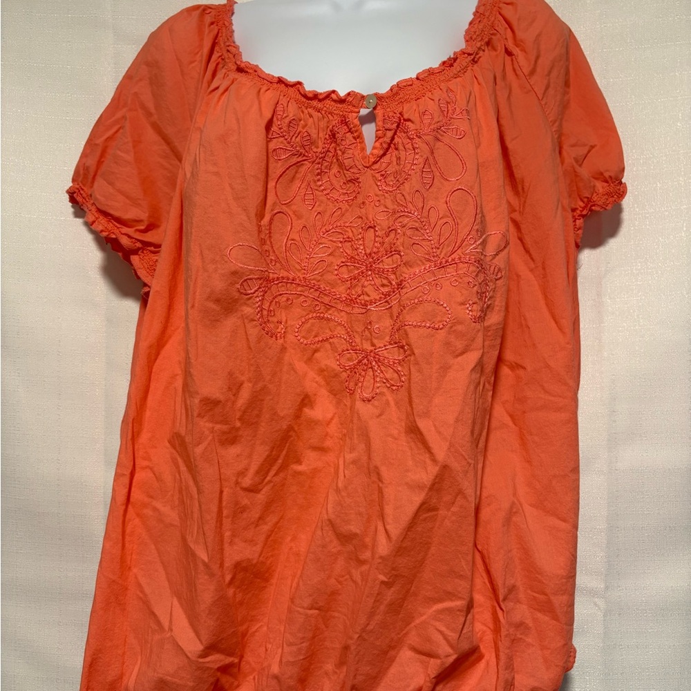 St. John's Bay Vibrant Orange Blouse with Embroidery 100% Soft Natural Cotton